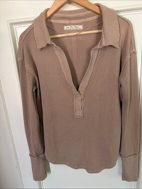 Free People Dusty Mauve Waffle Knit Collared Pullover